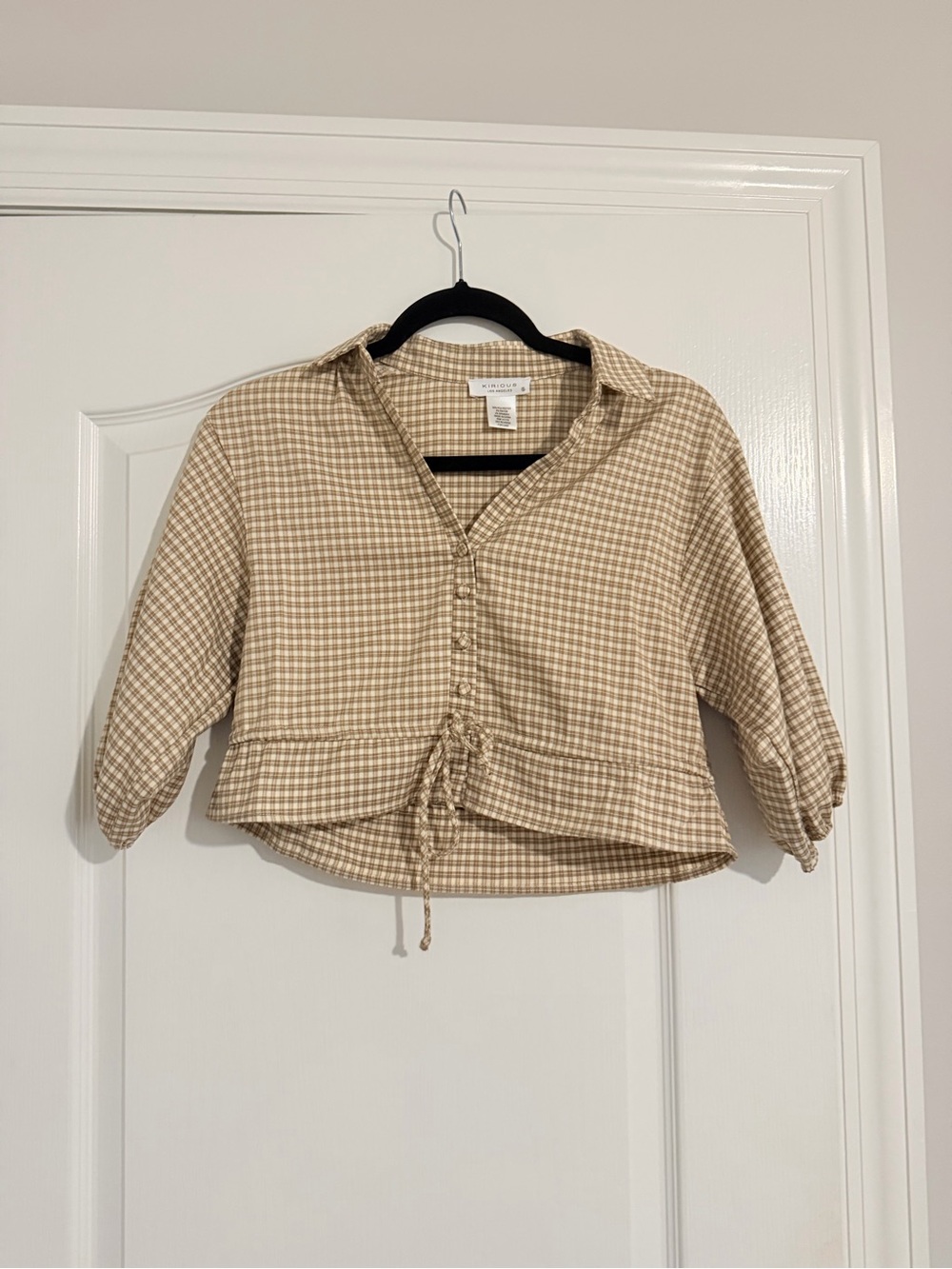 Kirious Los Angeles Beige and White Gingham Button-Up Crop Top